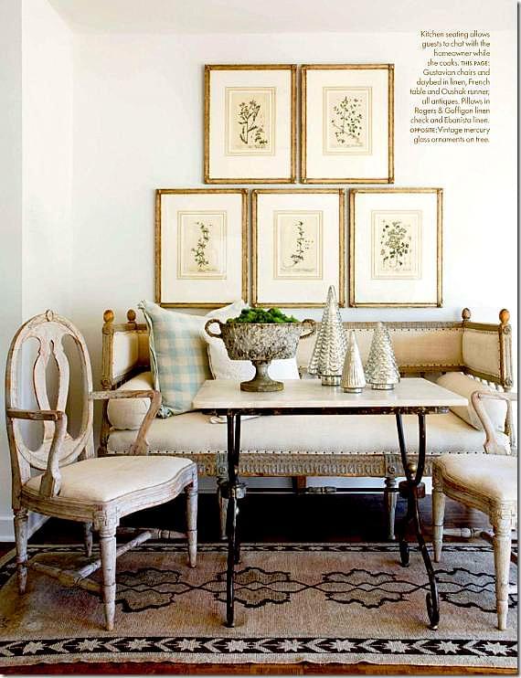 Interior Designer Lisa Luby Ryan uses antique Gustavian Chairs and a linen covered daybed with a muted antique Oushak to create this beautiful Swedish breakfast room. Picture from Nov-Dec 2010 Issue of Veranda.