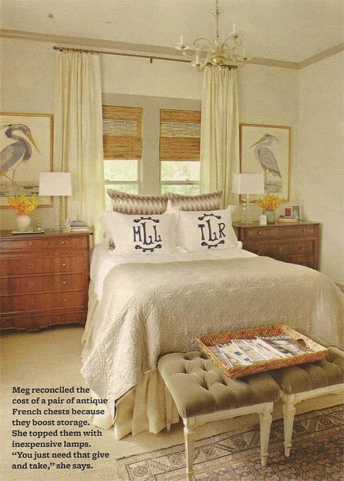 Last but not least, the master bedroom- where Meg layers an antique khotan on top of wall to wall seagrass, which adds interest to the floor. She flanks the bed with a pair of antique French chest. Bedding and drapes are custom.