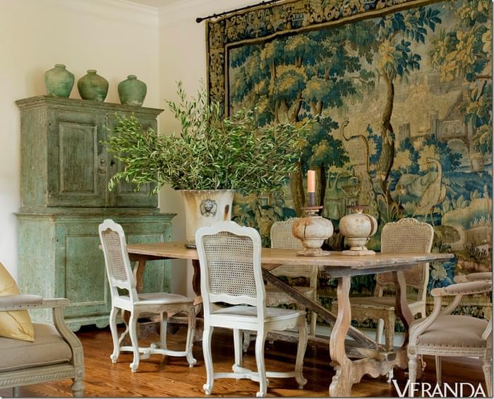 The focus of the dining room is on the exquisite 18th Century French Tapestry from Matt Camron. Jane original purchased this tapestry from Matt Camron for her old house. She opts for a pale green 18th century Swedish cupboard to compliment the tapestry