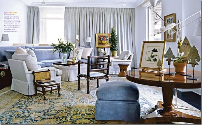 Vicente Wolf uses a blue and gold antique Tabriz to create a fresh and slightly contemporary room.