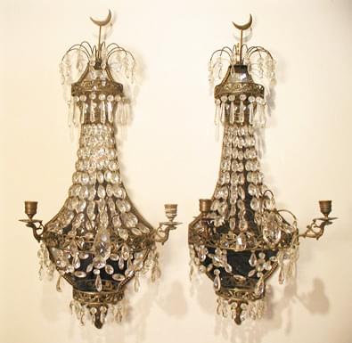 Pair of Bronze and Crystal Mirrored Sconces, circa 1860 Sweden