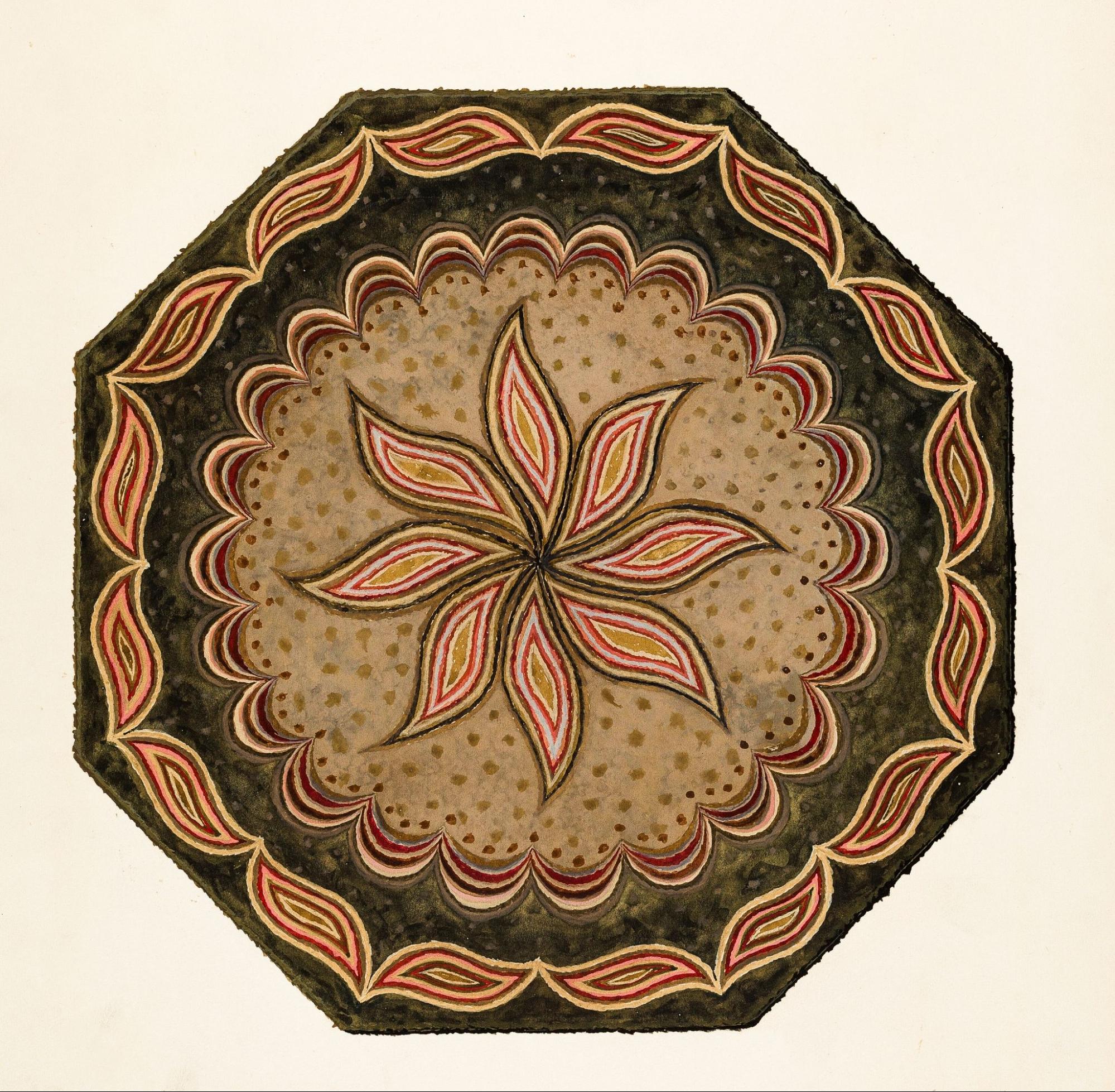 Octagonal Hooked Rug (ca.1937) by Beverly Chichester with leaf and flower patterning.